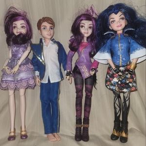 Four Disney Descendants Dolls - 2 Mal's, Ban (missing shoes), and Evie